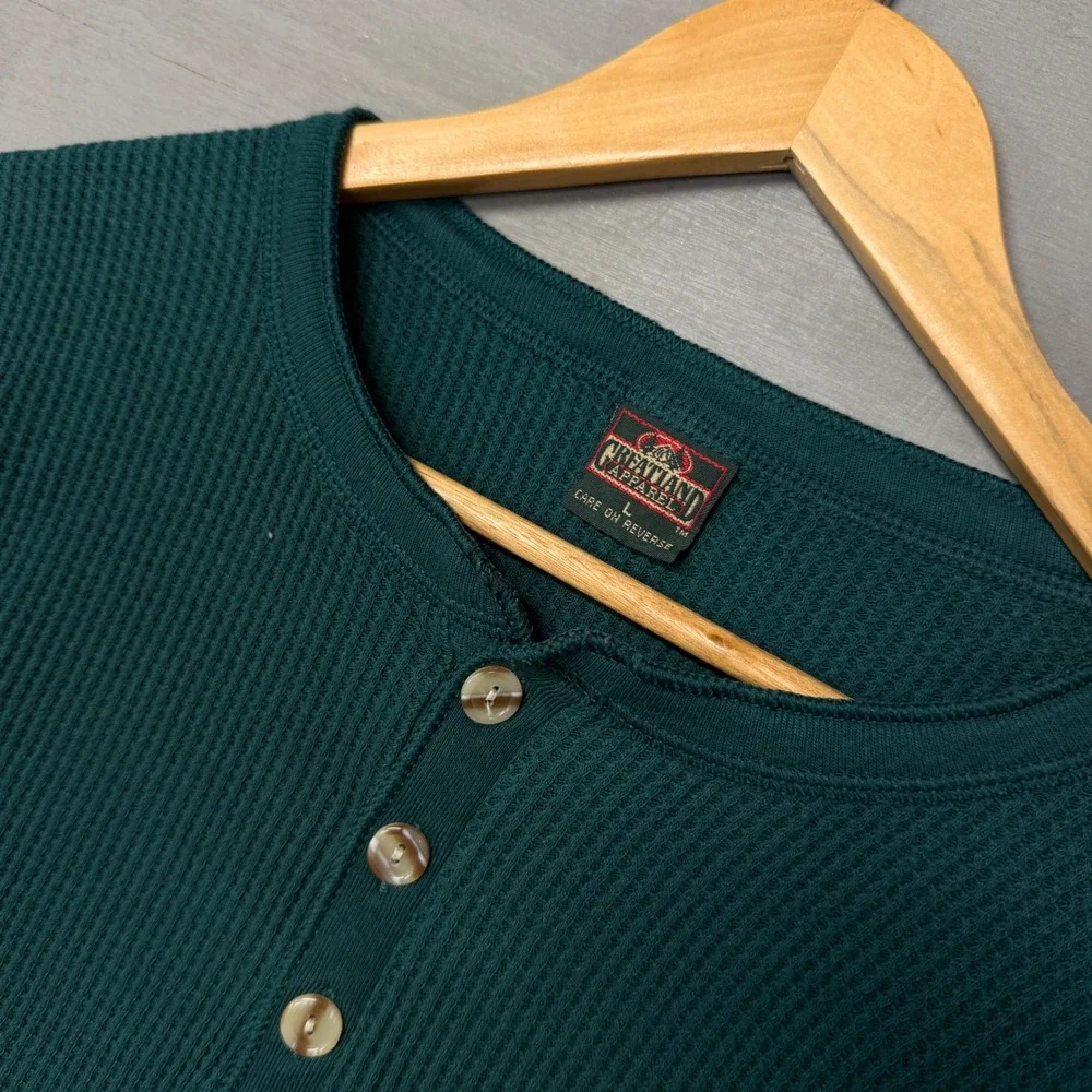 Vintage Greatland Thermal Henley Shirt Green‎ Waffle Knit Long Sleeve Large